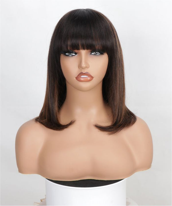Prêt-à-Partir Balayage Brune cheveux humains lisses dégradés frange Lace Minimaliste Perruque