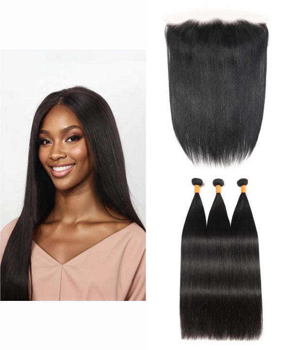 13x4 Lace Front Soyeux Lisse avec 1 Postiche et 3 Tissages