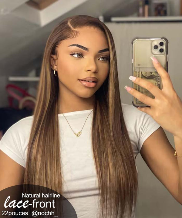 perruque cheveux balayage brune cheveux raides 1