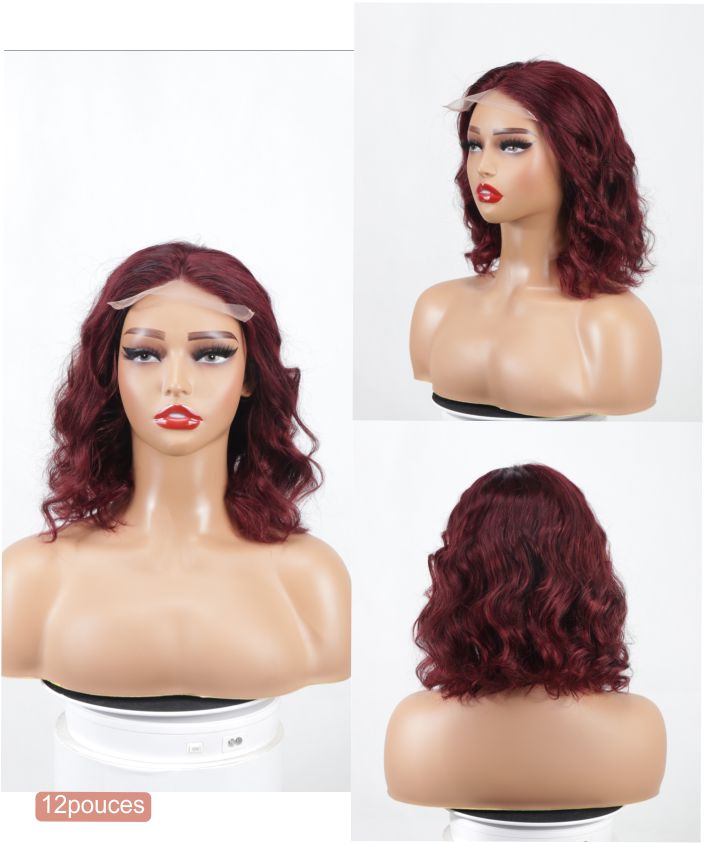 Bob Rouge Bordeaux Ondulations Lâches Cheveux Humains avec Dentelle 1