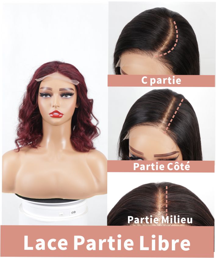 Bob Rouge Bordeaux Ondulations Lâches Cheveux Humains avec Dentelle 2