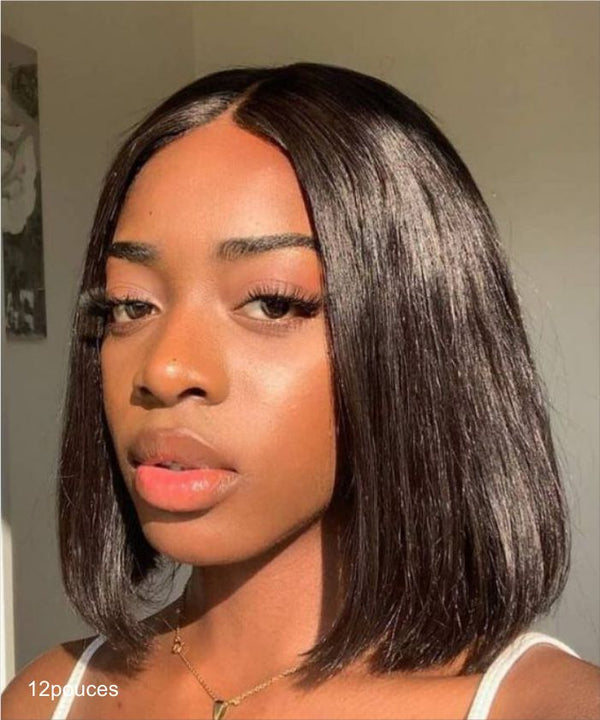【Essentiel Prix mini】Prêt-à-Partir Sans Colle Noir Naturel 100% Cheveux naturells lisses soyeux lace closure Perruque