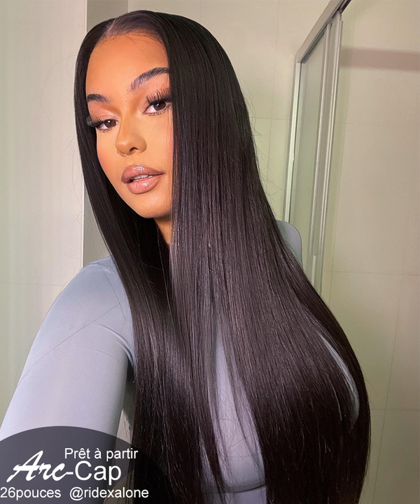 【Arc Cap】 Prêt-à-Partir Sans Colle Virgin Noir Naturel Cheveux humains Lisse Elégante HD Lace 6X4 Perruque