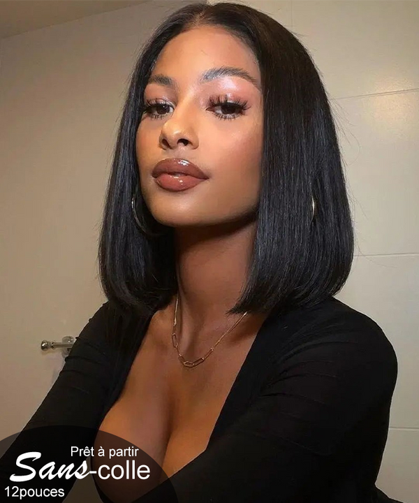 Prêt-à-Partir Sans Colle Bob Premium Cheveux Humains Lisse HD Lace 5x5 Perruque