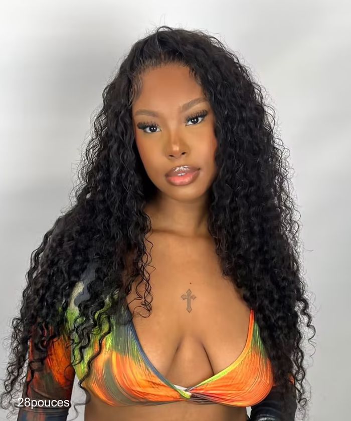 13×4 Perruque Premium Noir Cheveux Ondulés Deep Wave GLAMMANE